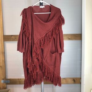 Opening CEREMONY Merino Wool Dark Red‎ Fringe Scarf Short Slv Long Knit Cardigan